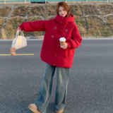 25冬新红色牛角扣连帽中长款羽绒棉棉服外套170-2590-P225-K328，女装棉衣/棉服，浙宝170