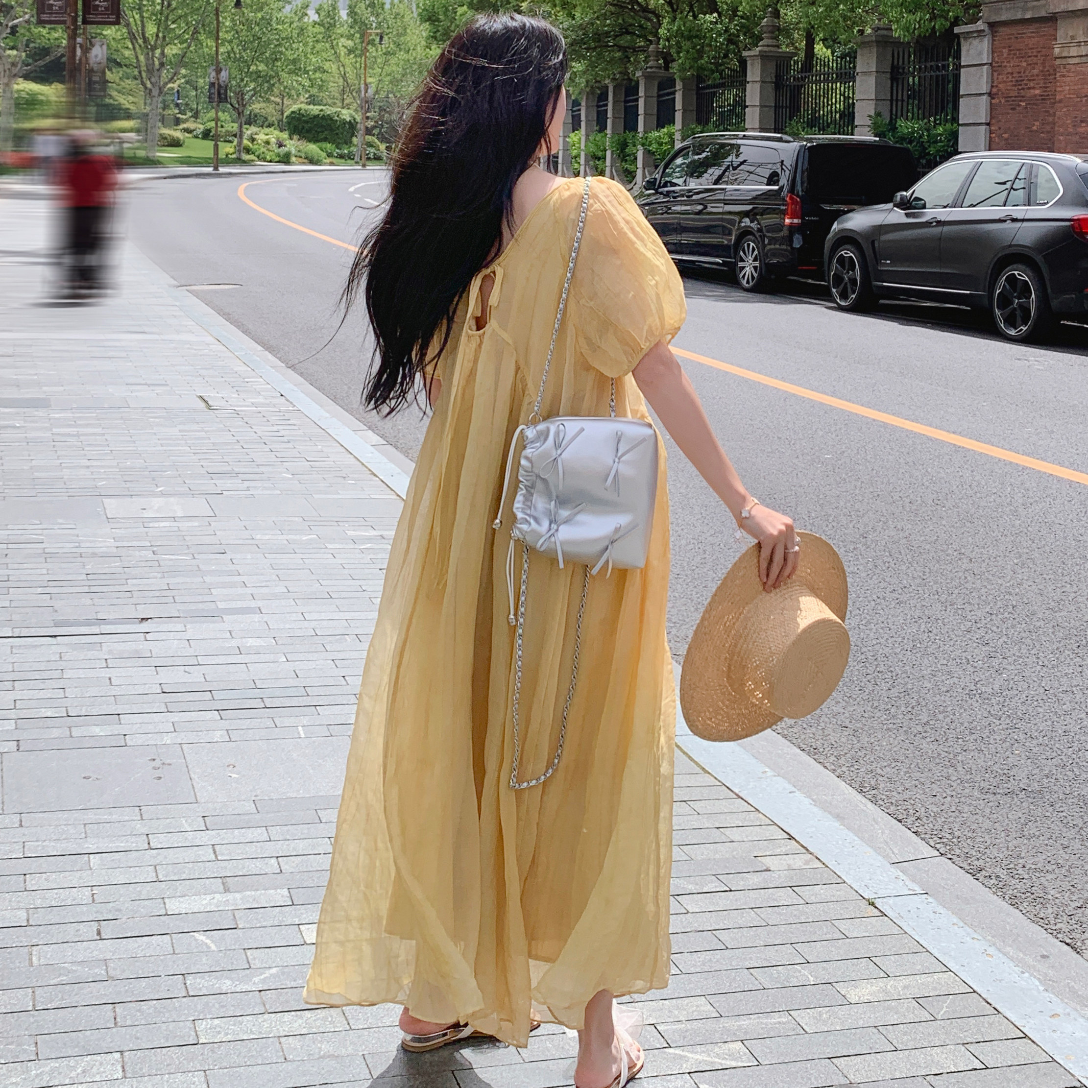 法式温柔风泡泡袖黄色连衣裙女夏季2025新款今年流行显瘦网纱长裙,女装连衣裙,浙宝170