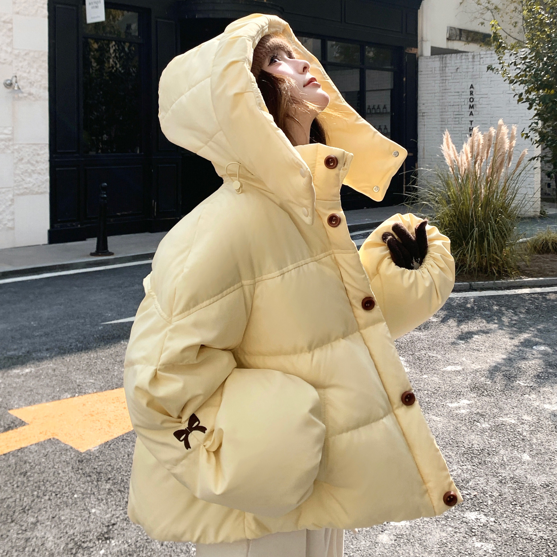 25冬新袖子刺绣奶黄色连帽羽绒服170-6801-P325-K478,女装羽绒服,浙宝170