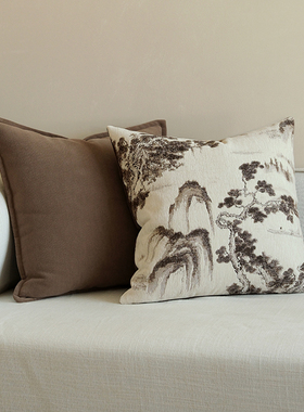 栗笙新中式棕色系水墨山水提花抱枕客厅沙发靠垫复古国风方形靠枕