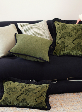 中古黑绿色系组合抱枕简约轻奢客厅沙发流苏豹纹靠枕样板间靠垫