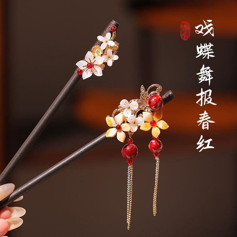 古风发簪盘发花朵簪子新中式流苏木质日常发钗感头饰步摇钗子D1