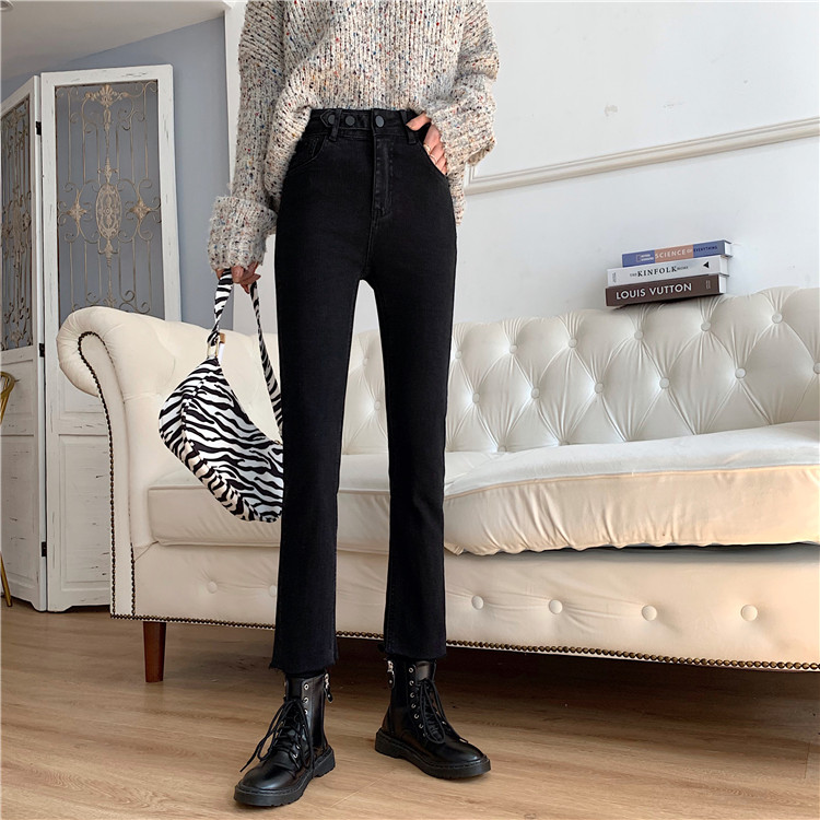 Pay attention to the waist multi button design! Slim fit high waist elastic pipe pants straight jeans