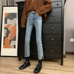 Real photo real price Korean loose high waist all-around elastic slim straight tube 9-point jeans