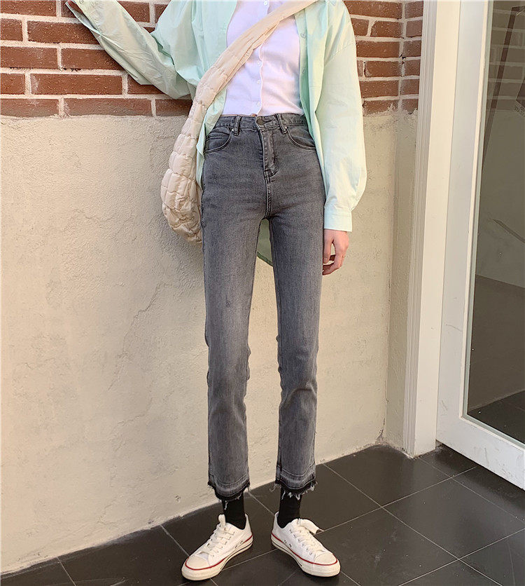 Real price real price early spring new design sense splicing slim grey stretch high waist straight tube jeans