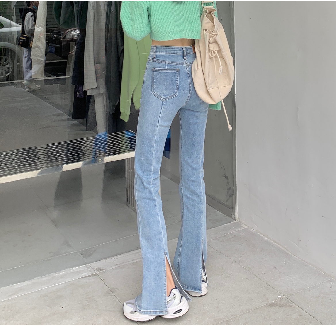 Real price ~ c-position split pants! High waist show thin show high back split jeans micro trumpet floor pants