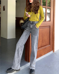 Real price - Hong Kong style high waist slim versatile casual retro Wide Leg Jeans Straight Tube floor pants