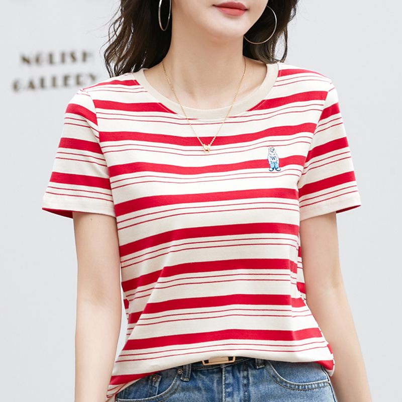 纯棉条纹t恤女短袖2025夏季新款正肩刺绣宽松显瘦百搭打底衫上衣