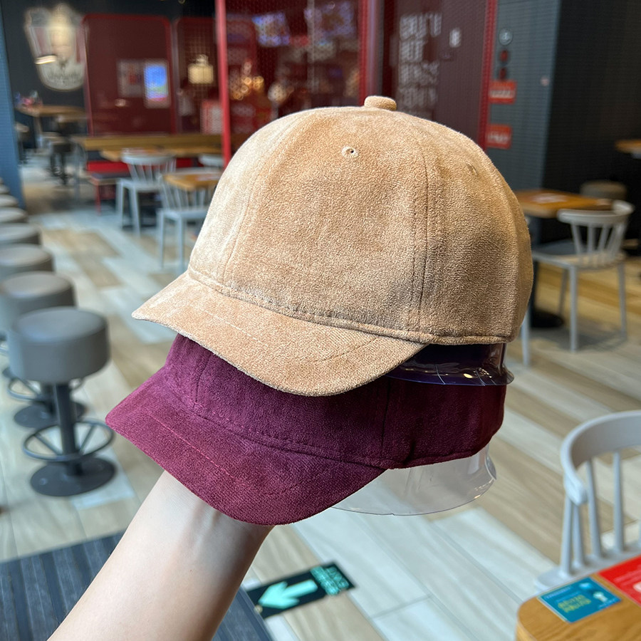 日系街头短檐鸭舌帽男春秋麂皮绒纯色棒球帽子女百搭复古酒红帽子