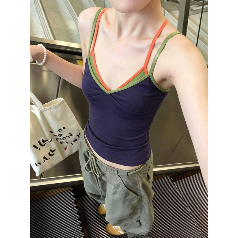 泰式绝美辣妹V领假两件吊带背心女夏季漂亮外穿无袖修身撞色上衣