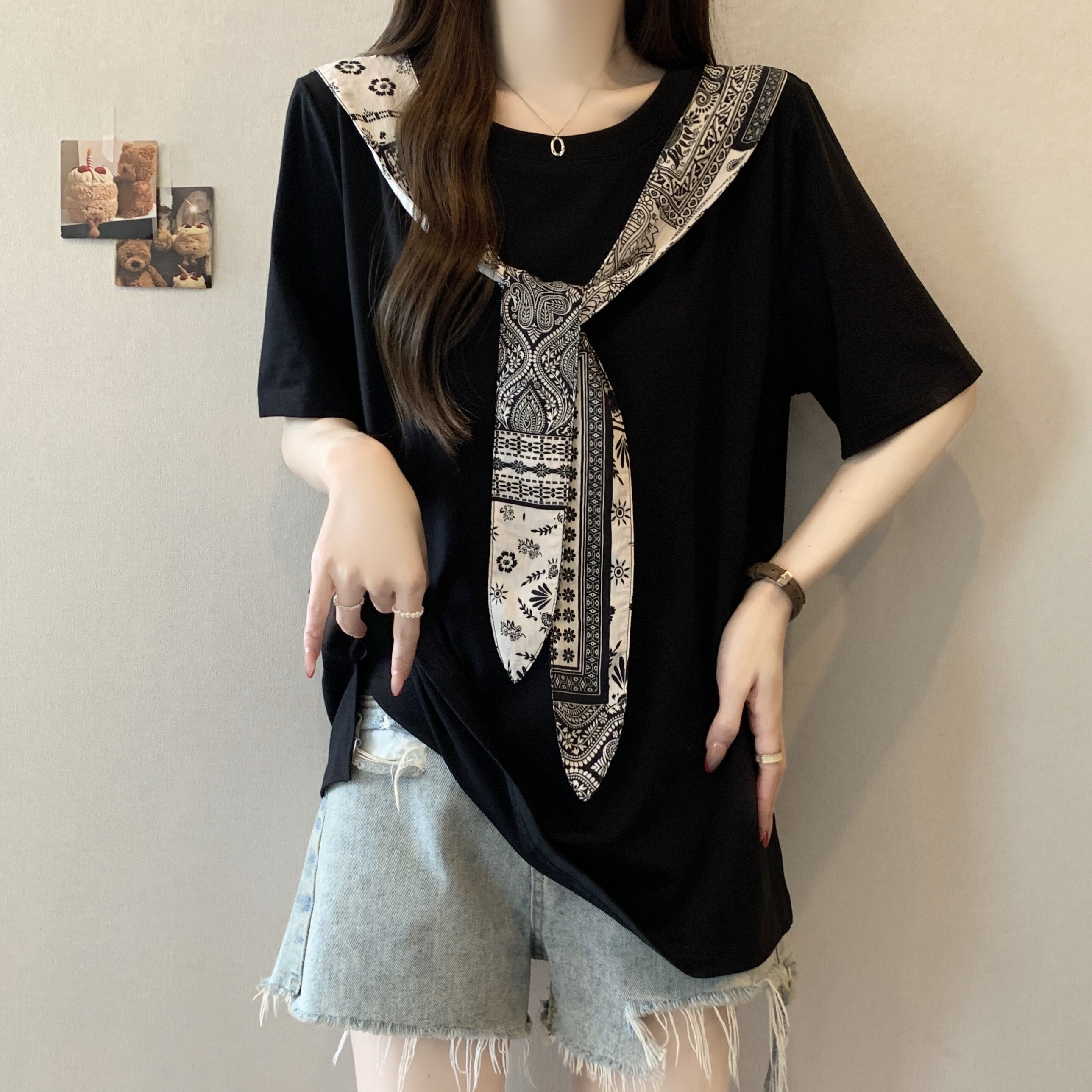 新品大码女装2026新款胖mm巨显瘦印花绑带拼接短袖T血