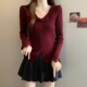 胖蕾丝翻领修身 酒红色针织衫 打0130h 大尺码 女装 上衣2026春季 新款