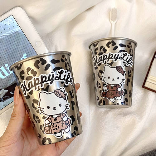 可爱卡通304不锈钢卡通kt漱口杯复古豹纹情侣家用防摔洗漱杯水杯