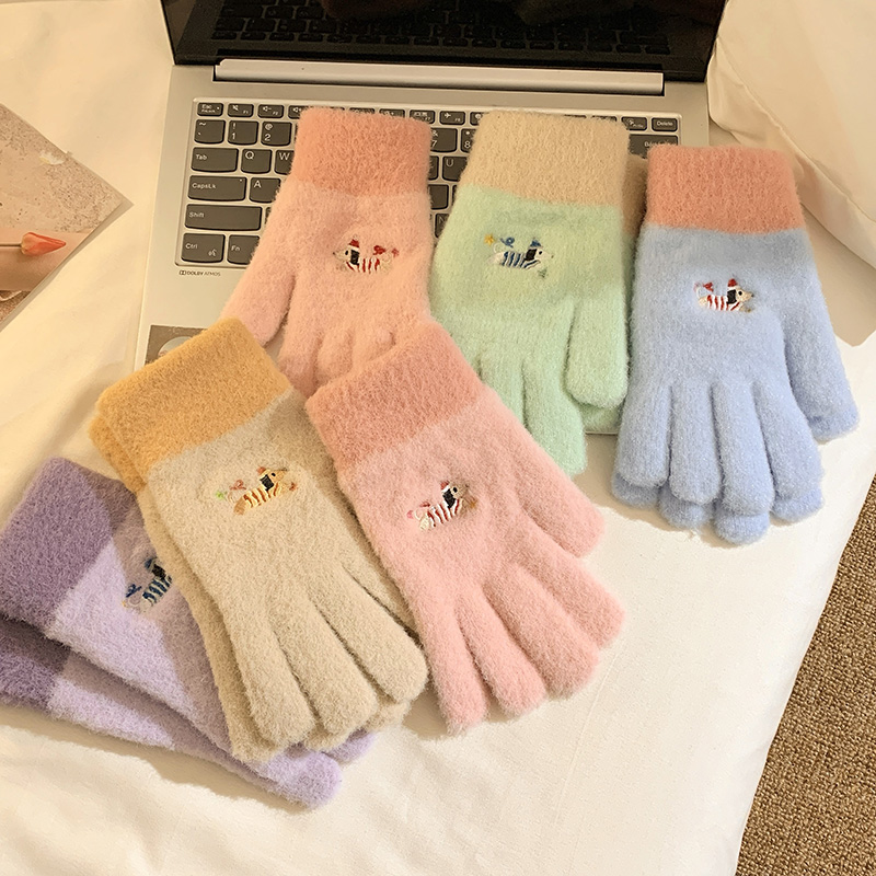 可爱腊肠狗毛线针织手套女冬季加绒加厚保暖防寒学生骑行露指触屏