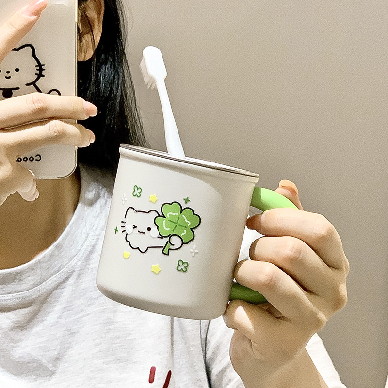 幸运草猫咪不锈钢漱口杯316材质防摔防霉学生宿舍家用高颜值牙杯图片