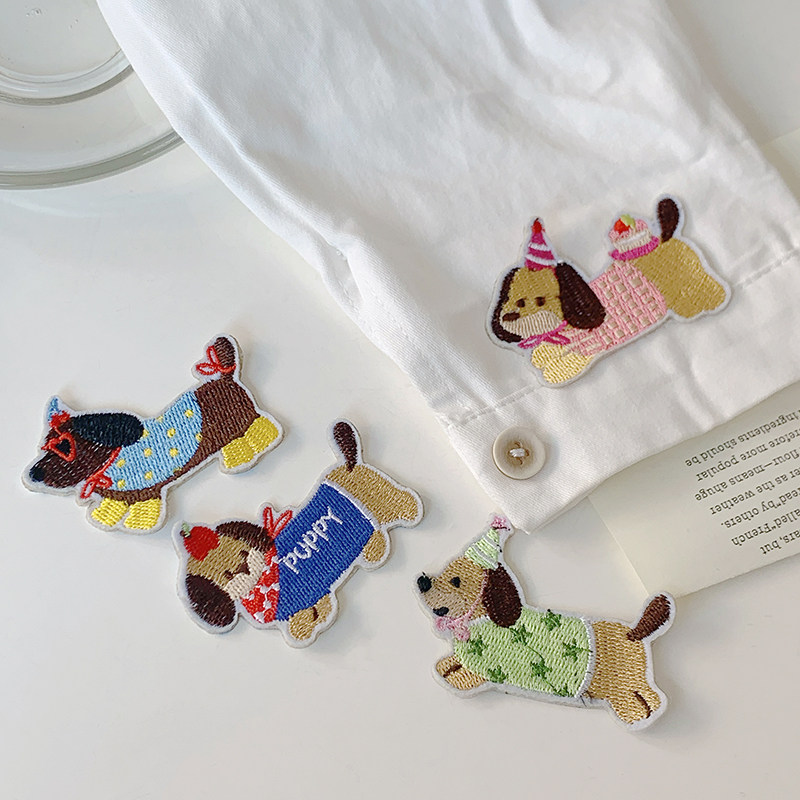 腊肠狗布贴辅料补丁贴自粘免缝毛巾绣刺绣布贴小狗绣花刺绣补丁