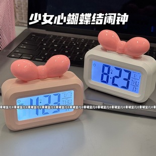 可爱多巴胺蝴蝶结桌面多功能时钟家用电池款 闹钟学生宿舍时间管理