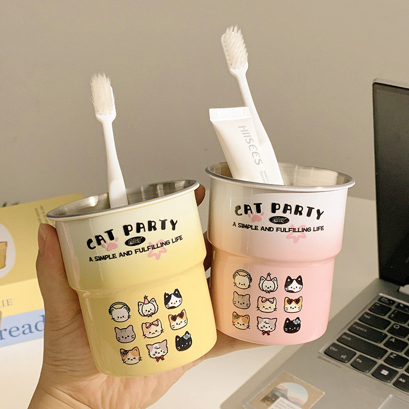 原创小猫卡通家族渐变304洗漱高颜值情侣可爱不锈钢漱口杯家用杯