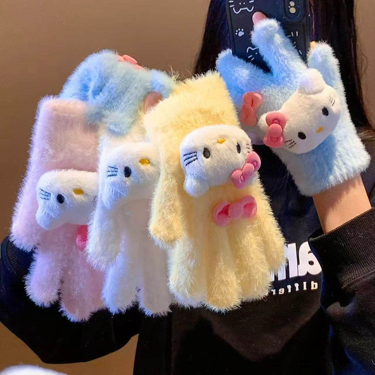 可爱粉色Kitty猫毛绒针织手套女冬露指触屏加绒加厚防寒保暖骑车