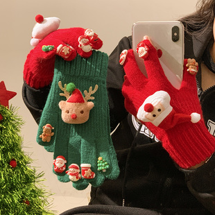 可爱圣诞毛绒针织五指手套女冬季 保暖加绒防寒分指手套可触屏骑车
