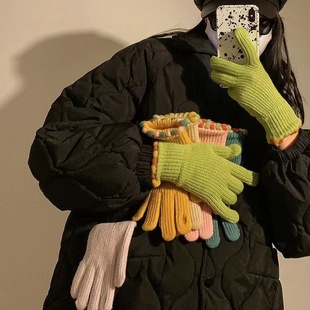 韩系手套冬季 可触屏毛线可爱保暖露漏手指头百搭五指糖豆2023新款