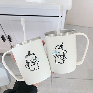 卡通可爱小狗防摔漱口杯不锈钢洗漱杯带手柄一家三口简约刷牙水杯