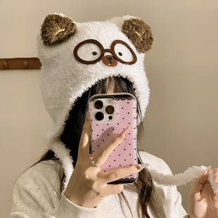 原创新款 呆萌学生防冻百搭毛线帽 可爱小熊保暖护耳针织帽女冬季