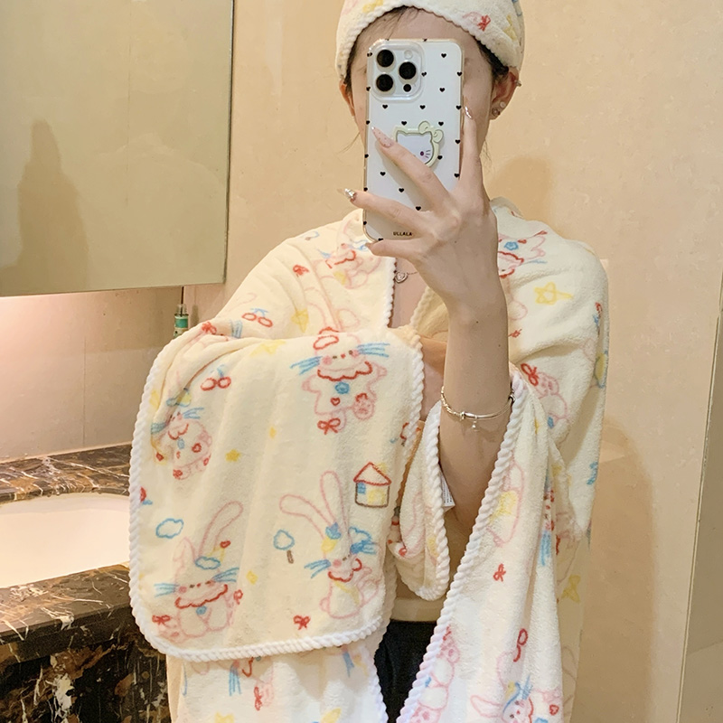 可爱卡通小家园兔子家用柔软珊瑚学生宿舍浴巾亲肤大裹毛巾干发帽