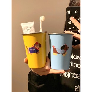 可爱腊肠狗漱口杯家用牙刷杯子洗漱杯情侣学生旅行不锈钢牙具牙杯