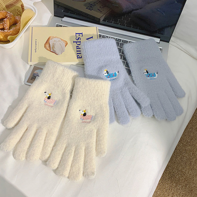 新款可爱腊肠小狗手套冬季保暖五指手套可触摸屏全包室内外通用款