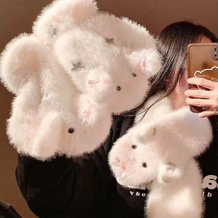 可爱蝴蝶结兔子毛绒连指手套女送女友秋冬季加厚保暖防寒骑行围巾