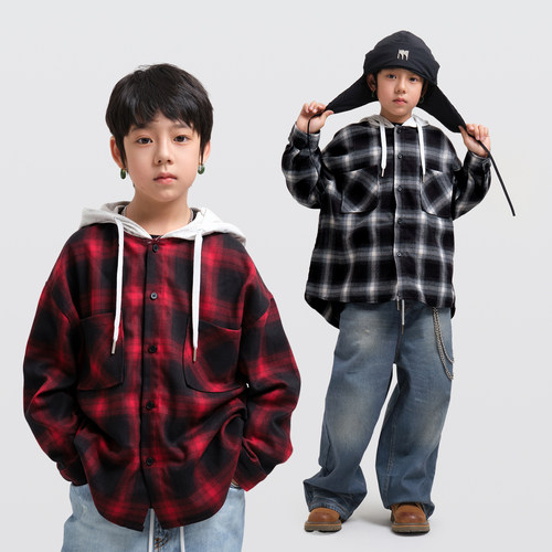 FUJAM潮牌童装少儿街舞hiphop跳舞衣服宽松格子衬衫外套演出服装