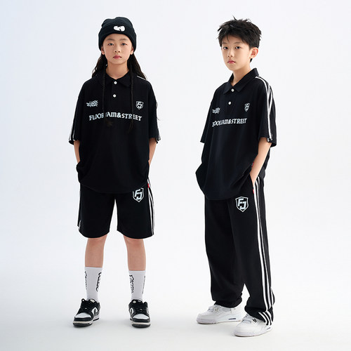 FUJAM童装美式印花polo衫短袖儿童街舞演出服套装hiphop街舞潮服