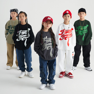 服酱hiphop童装美式复古纯棉白色长袖帅气套装儿童街舞演出服春秋