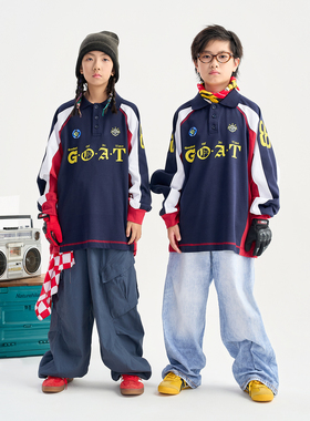 FUJAM潮牌童装街舞儿童潮服撞色数字印花polo衫少儿hiphop演出服