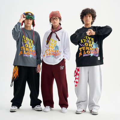 儿童街舞美式复古印花潮服套装嘻哈hiphop演出服秋季长袖跳舞服装