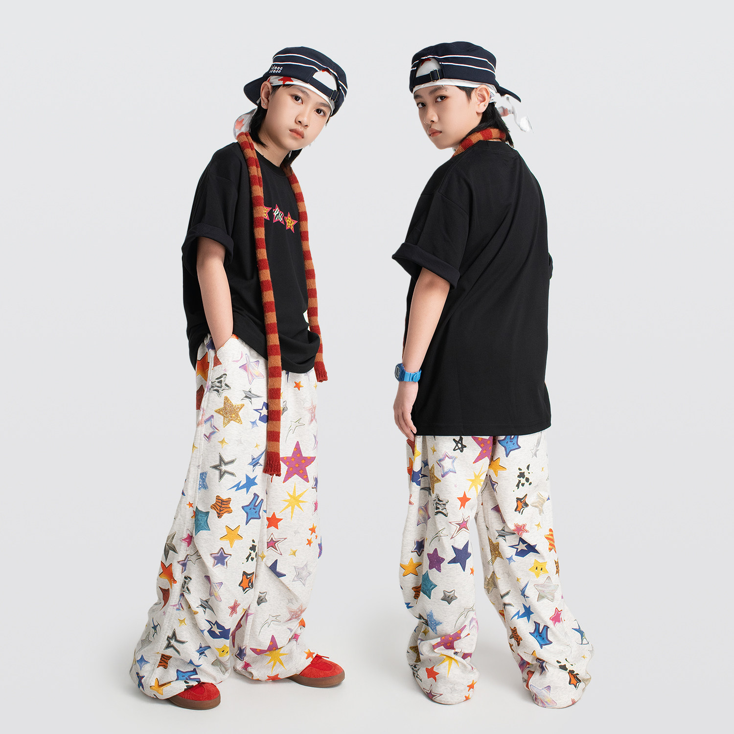FUJAM男女童嘻哈街舞裤星星印花阔腿裤跳舞运动裤hiphop潮流穿搭