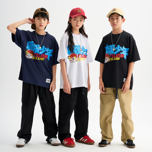 FUJAM童装潮牌儿童街舞潮服霹雳少年短袖hiphop帅气酷帅嘻哈T恤潮