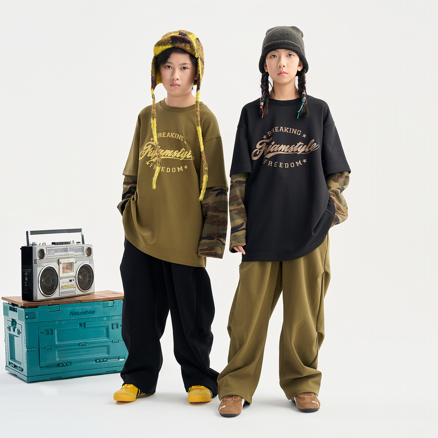 FUJAM潮牌儿童装hiphop街舞潮服嘻哈美式街头假两件宽松长袖套装