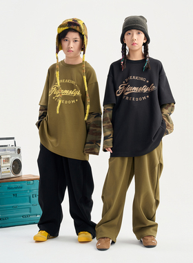 FUJAM潮牌儿童装hiphop街舞潮服嘻哈美式街头假两件宽松长袖套装