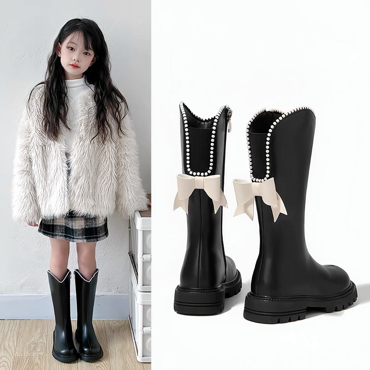 女童鞋子儿童长靴子2025春秋季新款长筒高筒皮靴加绒公主洋气冬季