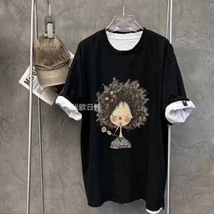 bobo1972爆炸头可爱搞怪小女孩印花圆领短袖 T恤女宽松休闲上衣潮