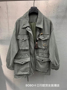 外套 勋章军绿色重工水洗做旧慵懒感落肩工装 欧货bobo1972秋装 新品