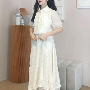 带雪纺内里肩带调节后背打揽带吊坠国风小清新温柔感连衣裙两件套