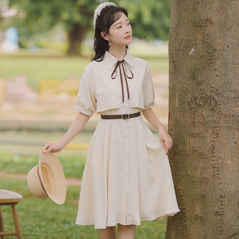 学院风连衣裙女装夏气质法式复古收腰学生桔梗裙显瘦假两件小黑裙