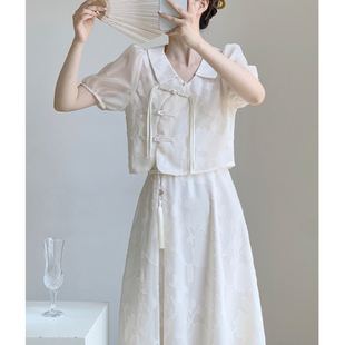 带雪纺内里肩带调节后背打揽带吊坠国风小清新温柔感连衣裙两件套