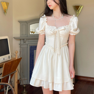 仙女裙夏季 纯欲白色连衣裙子茶歇法式 初恋甜辣妹设计感小众泡泡袖