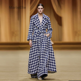 Marie Elie千鸟格粗花呢大衣女长款束腰老钱风外套收腰带大衣长袖