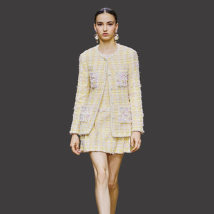 Marie 女秋冬亮片圆领外套A字裙两件套贵气 Elie小香风粗花呢套装