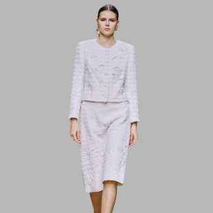 Marie 女白色外套半身裙两件套气质名媛风 Elie小香风粗花呢套装